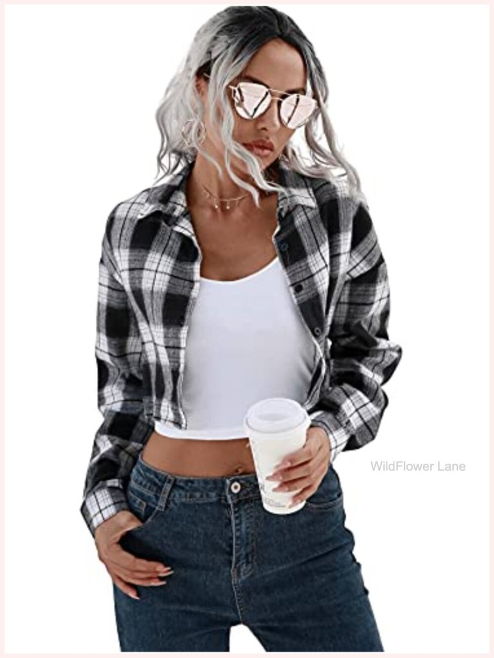 Long Sleeve Plaid Button Down Crop Top Casual Blouse